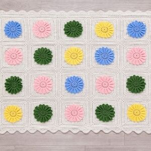 Vintage Handmade Crochet Floral Bed Runner 3D Granny Square Afghan Cottagecore